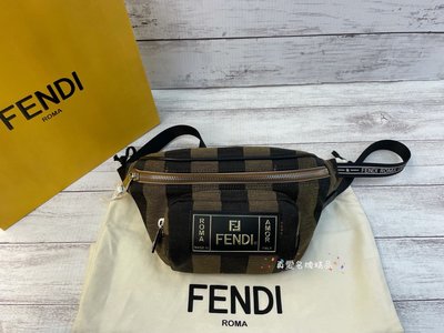 《真愛名牌精品》FENDI 7VA446 條紋帆布 金字Logo 腰包/胸口包*全新品*