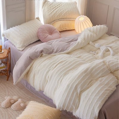 冬季牛奶絨床上四件套床品三件式加厚法蘭珊瑚絨雙面絨毛被套床單
