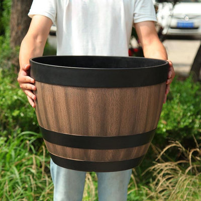 仿木桶塑膠花盆特價處理樹脂加厚陽臺庭院復古花盆