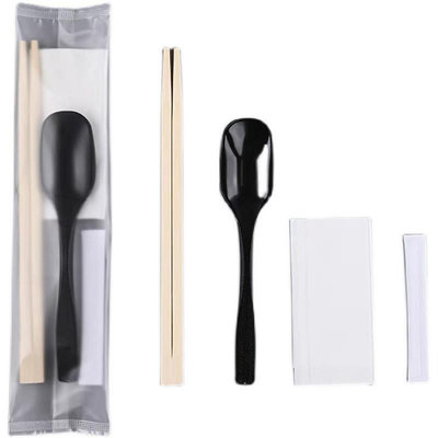 一次性筷子四件套硬飯勺牛皮紙餐具套裝韓式鴨嘴勺外賣四合一透明