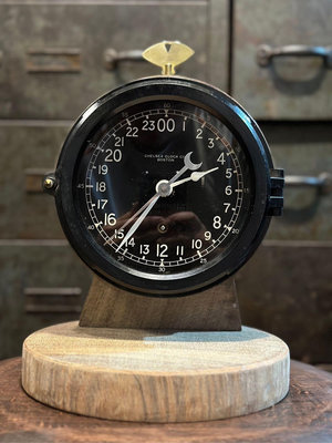 1940s 美國 Chelsea 24小時制 美軍 發條機械時鐘 掛鐘 座鐘 船鐘 配置原木紮實基座