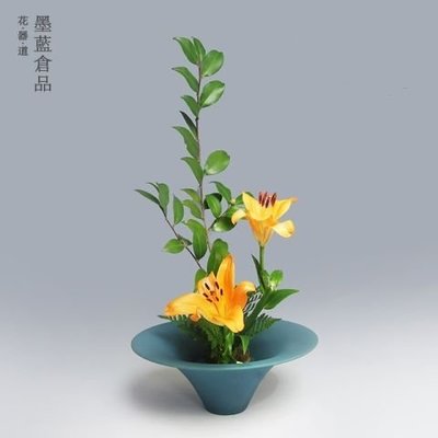 日本花道日式插花池坊花器 禪意陶瓷磨砂花盆 簡約創意大花盤花瓶