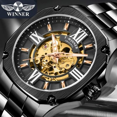 WINNER 正品 創意多層次鏤空機械方型錶面 夜光指針 自動機機械錶 潮流時尚紳士型男腕錶【S & C】柒時尚
