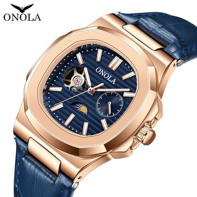 ONOLA 3855 高品質 日月星晨 機械手錶 男 鏤空 真皮 防水錶