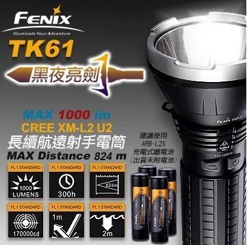 【LED Lifeway】Fenix TK61 (公司貨-限量特價1組) 1000流明長續航遠射手電筒(4*18650)
