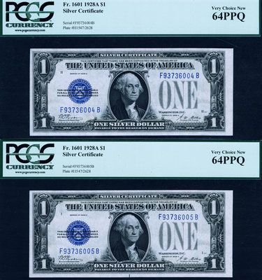 美國 1928年A版  (銀幣券) PCGS 64 PPQ！少見的兩連號！ 紙幣 紀念鈔 紙鈔【悠然居】1683