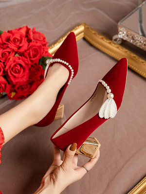 婚鞋女粗跟2023年新款法式珍珠結婚新娘鞋秀禾婚紗兩穿紅色高跟鞋_佳美優品