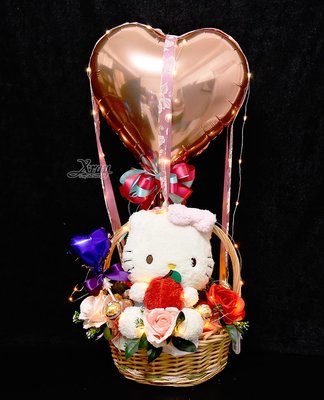 Hello Kitty音樂水果娃娃幸福熱氣球，捧花/情人節禮物/金莎花束/亮燈花束/熱氣球，節慶王【Y526899】