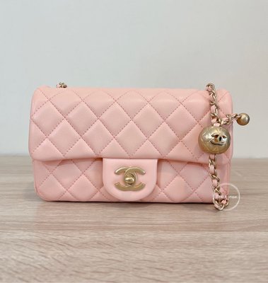 Chanel 22C 新款 金球 mini coco 20cm 蜜桃粉 粉色 復古 霧金 金鏈 羊皮 AS1787