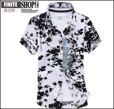 Finite-菲尼特-中國風黑白印花短袖襯衣 男士打底襯衣 加大碼襯衣
