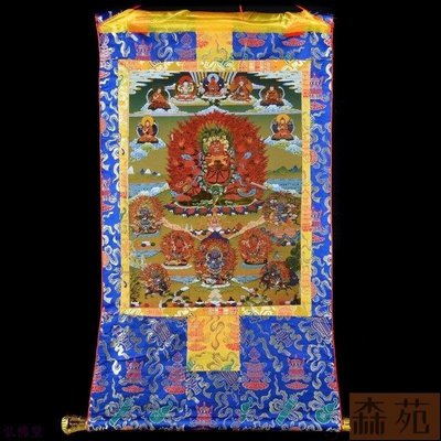 熱銷  佛教用品鍍金唐卡佛像八寶手工雙層裝裱馬頭明王125cm藍色 B11558