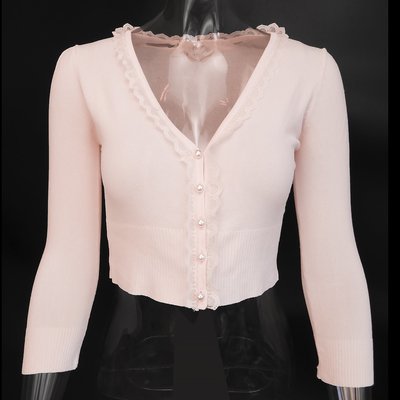 義大利品牌LIFELIKE LINDARICO 淡粉色蕾絲邊7分袖針織外套