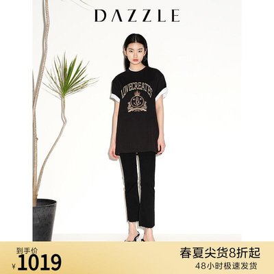 【直降8折起】DAZZLE地素2022夏新款航海刺繡印花黑色短袖T恤女