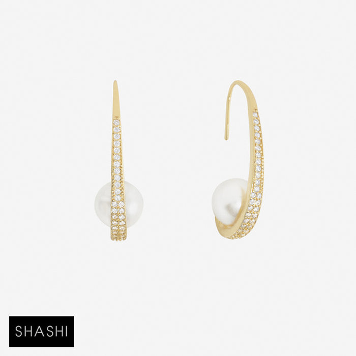SHASHI 紐約品牌 Michelle 鑲鑽C形耳環 金色珍珠耳環