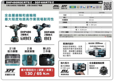“工具醫院” 台灣公司貨 現貨 DHP486 牧田  日本製夾頭 板模用 18V無刷充電電鑽 DHP486Z 可鑽水泥強 DHP481的升級版