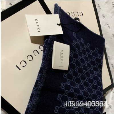 【二手正品】 Gucci 2019秋冬羊毛圍巾深藍色雙面色 （附保證卡）男女皆可使用 otrW