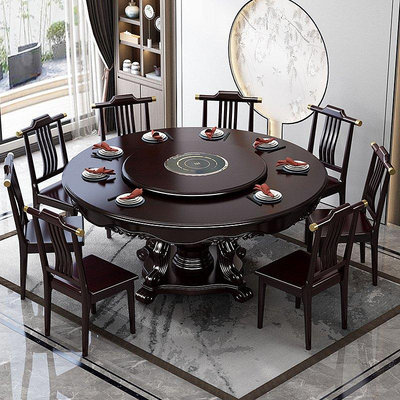 新中式實木餐桌圓形飯桌椅組合橡木大園桌家用帶轉盤電磁爐火鍋桌-東方名居V