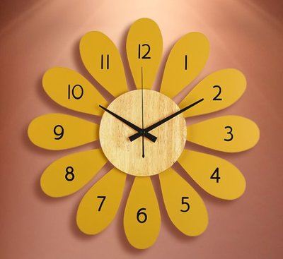 歐美進口 向日葵花朵造型時鐘 黃色太陽花木質靜音掛鐘 牆上時鐘牆面簡約時尚掛鐘牆鐘時鐘居家咖啡廳牆面裝飾鐘