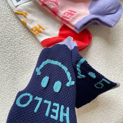 【本殿】現貨-韓國 笑臉 微笑 網眼 透氣 船型襪 藍色 夏季 矽膠防滑 短襪 23-25cm