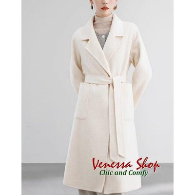 時尚芭莎~ 義大利 新款 時尚寬鬆 手工雙面羊毛呢 女の翻領綁帶長版大衣外套 大碼 3色 (V1447)