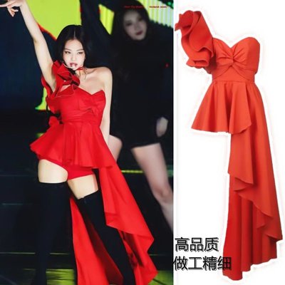 blackpink周邊 韓國女團jennie同款舞蹈演出打歌服紅色露肩性感辣妹純欲風連衣裙LZ071