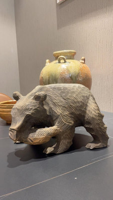 日本北海道手作熊和魚雕刻 木雕工藝 純實木雕刻