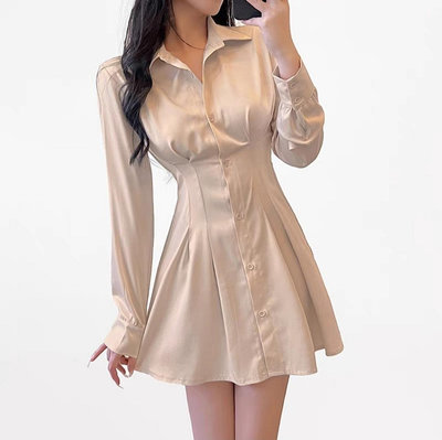 特賣 韓國時尚氣質小性感純色後鏤空襯衫連身裙洋裝