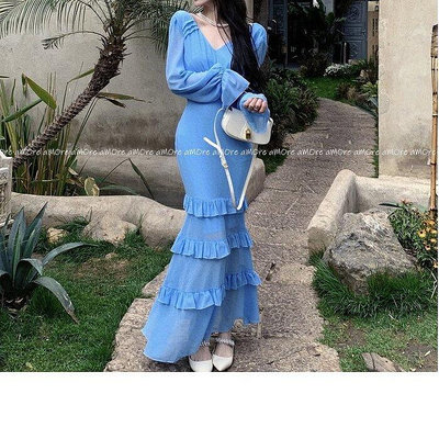 浪漫法式深大露背 高腰窈窕藍色人魚蛋糕魚尾裙襬連身長洋裝超值-簡單女裝