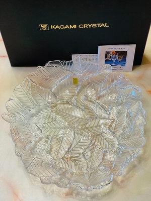 日本回流 Kagami 樹葉紋水晶 盤 缽 碟 托 水果盤18005