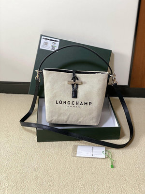 Connie代購#Longchamp roseau竹節帆布水桶包女簡約精緻手提包百搭單肩斜背包17*10*19cm