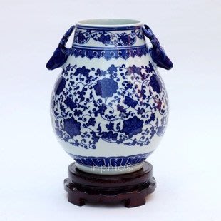 INPHIC-ZF-B012 景德鎮青花瓷手繪連藤雙耳陶瓷花瓶 裝飾 擺飾 復古