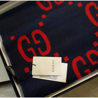 全新法國正品 GUCCI GG jacquard wool silk scarf 雙面羊毛 紅色 藍色 厚質 圍巾