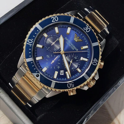 EMPORIO ARMANI Diver 藍色面錶盤 金色配銀色不鏽鋼錶帶 石英 三眼計時 男士手錶 AR11362 亞曼尼腕錶
