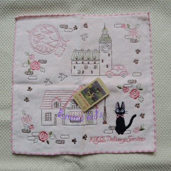 日本帶回 宮崎駿 魔女宅急便 黑貓 奇奇貓 粉紅房屋 標誌黑貓 KIKI 刺繡手帕 小方巾