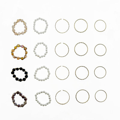韓國 金屬 珍珠 水晶 一組五入 四色 搭配 精緻 彈性繩 戒指
