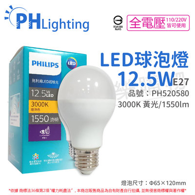 [喜萬年]PHILIPS飛利浦 LED 12.5W E27 3000K黃光 全電壓 超極光節能球泡燈_PH520580
