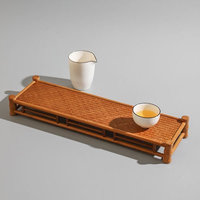 現貨熱銷-竹節樂席杯架長方形茶盤手工竹制茶道中式竹編席面復古~特價