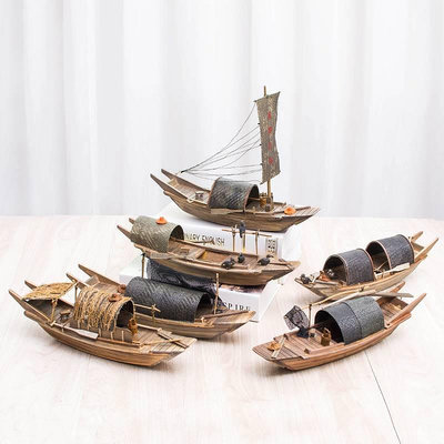 船模型擺件小發船山模型漂浮光下水小木船工藝品假玩具魚缸裝飾客廳手工擺件