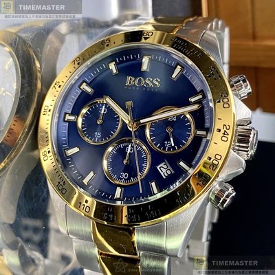 BOSS手錶,編號HB1513767,42mm金色圓形精鋼錶殼,寶藍色三眼, 時分秒中三針顯示錶面,金銀相間精鋼錶帶款