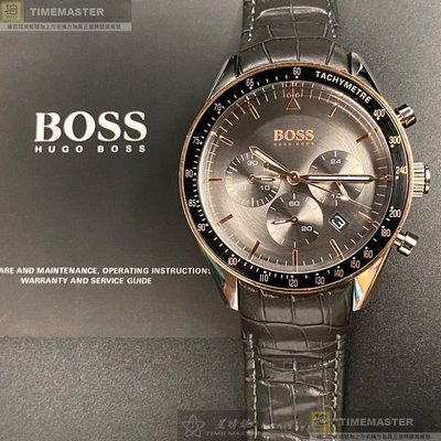 BOSS手錶,編號HB1513628,42mm古銅色圓形精鋼錶殼,古銅色三眼, 運動錶面,咖啡色真皮皮革錶帶款