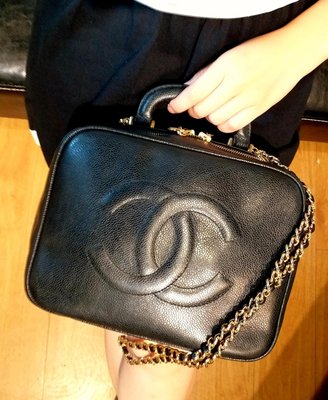 Chanel vintage 魚子醬荔枝皮黑色手提化妝箱，手提化妝包，超經典