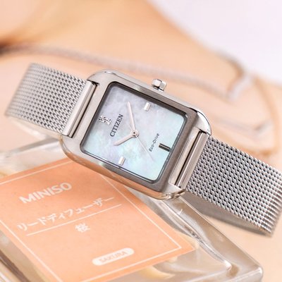 【時光鐘錶公司】CITIZEN 星辰 錶 EM0491-81D 白蝶貝面盤 米蘭錶帶 方形小錶 光動能女錶