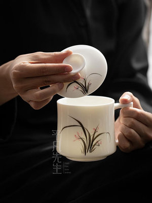 馬克杯羊脂玉瓷陶瓷茶杯個人專用辦公室馬克杯帶蓋德化白瓷水杯家用杯子