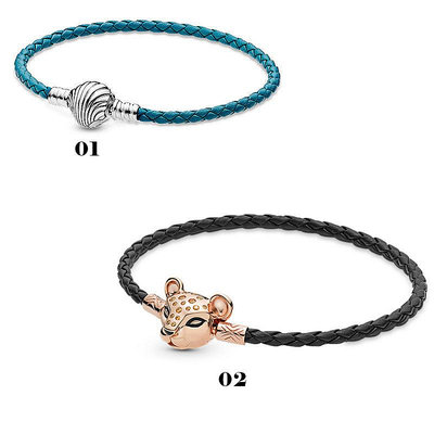熱銷#Pandora手鏈S925編織皮繩手環貝殼藍色皮革手鏈