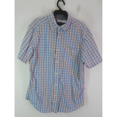 男 ~【NAUTICA】淺粉紅色+淺藍色格紋休閒襯衫 M號(5B141)~99元起標~