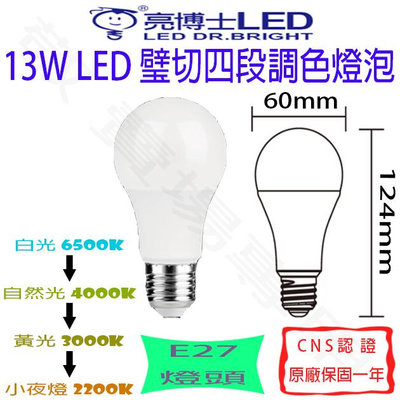 【敬】亮博士 13W E27 璧切 四段 調色 燈泡 LED 球泡 全電壓 CNS認證 臥室 房間 走道 走廊 客廳