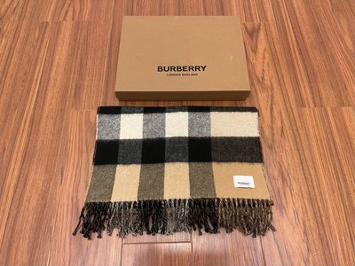 Burberry 雙面兩用格紋拼專屬LOGO羊絨圍巾 深栗棕色/綻藍色