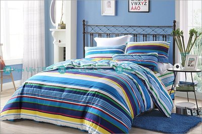KIPO-精梳綿-藍色條紋單人/雙人床包床組四件式NBG027106A