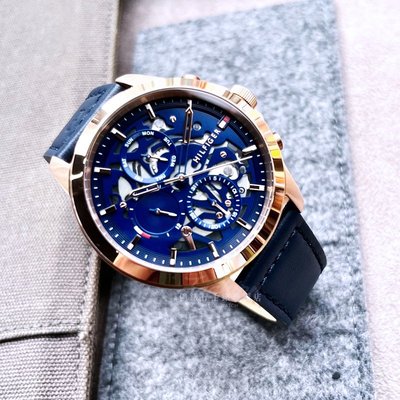 Tommy Hilfiger 美式休閒 經典紳士機械齒輪造型三環日曆 型男 手錶 玫瑰金/藍色皮帶 1710475