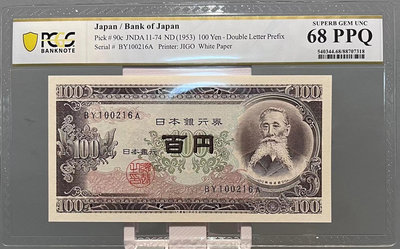 【二手】 日本銀行券，1953年百円，Pick  90c，板垣退助肖1629 錢幣 紙幣 硬幣【經典錢幣】